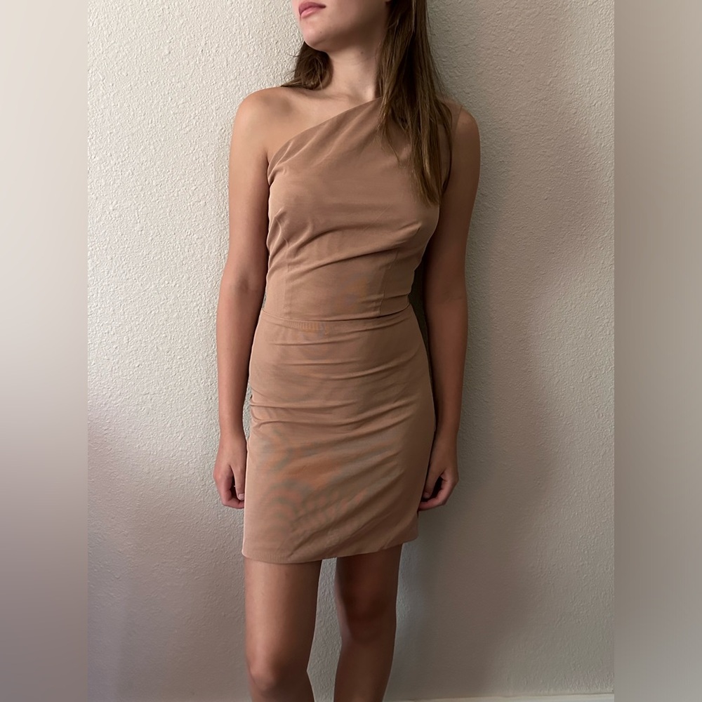 Bronx and Banco Nude Mesh One Shoulder Bodycon Mini Dress Sz XS US 2 Fits 2-4